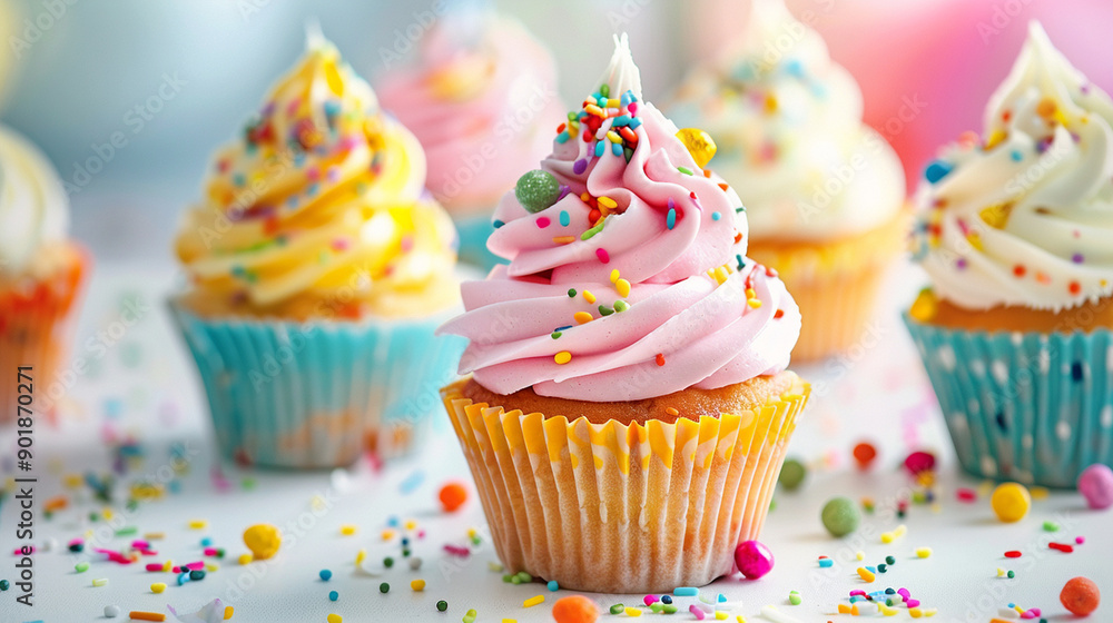 Colorful Birthday Cupcakes with Swirled Frosting and Rainbow Sprinkles Colorful Birthday Cupcakes with Swirled Frosting and Rainbow Sprinkles
