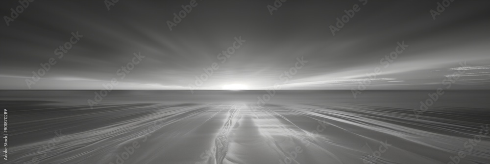 Black and white minimalist landscape of light over the horizon after sunset on a beach. Black and white minimalist landscape of light over the horizon after sunset on a beach.