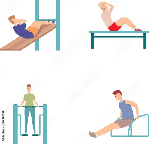 Outdoor workout icons set cartoon vector. People training at outdoor sport area. Healthy lifestyle