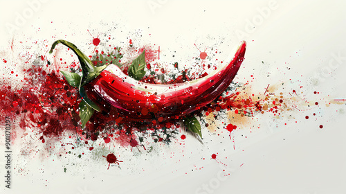  Red Pepper Splattered in Paint and Leaves on White Background