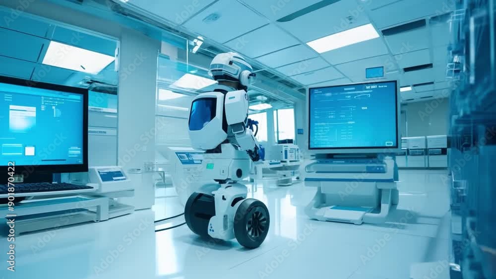 A white robot navigates a clean and modern medical facility, its sleek design and advanced features evident in the sterile environment. A white robot navigates a clean and modern medical facility, its sleek design and advanced features evident in the sterile environment.