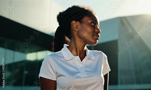 portrait of a Kenyan woman in her 30s wearing a sporty polo shirt against a modern architectural background