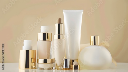 Wallpaper Mural A group of beauty products with gold accents on a light beige background. Torontodigital.ca