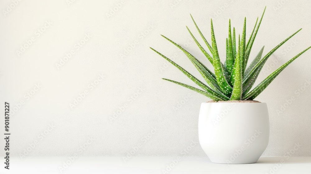 Aloe Vera Plant in White Pot on White Background with Space for text Aloe Vera Plant in White Pot on White Background with Space for text