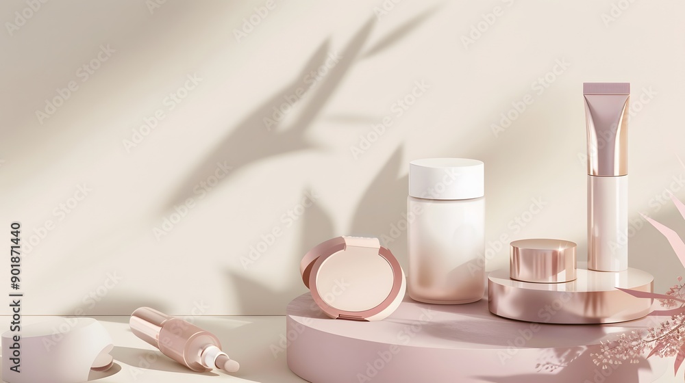 Various skincare products in rose gold tones on a pink surface with soft lighting. Various skincare products in rose gold tones on a pink surface with soft lighting.