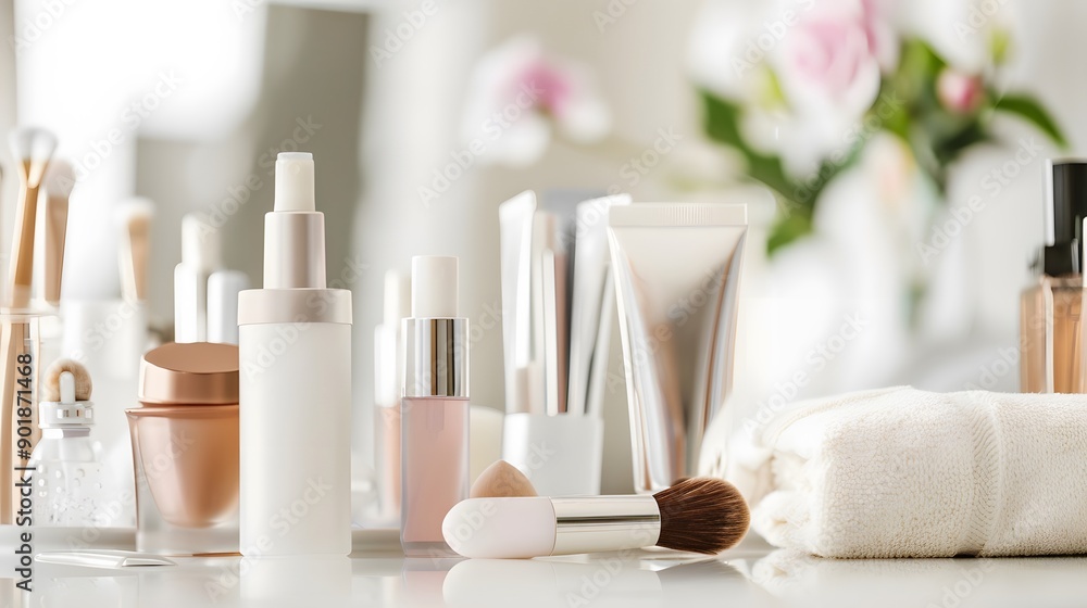 Various beauty products and a makeup brush on a vanity table. Various beauty products and a makeup brush on a vanity table.