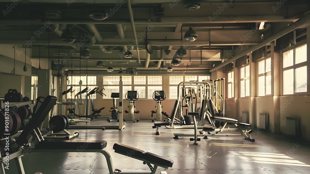 Fototapeta premium Empty gym with weight machines and treadmills.