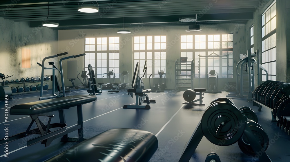© Felippe Lopes - Empty weight room with large windows, ready for a workout. © Felippe Lopes - Empty weight room with large windows, ready for a workout.