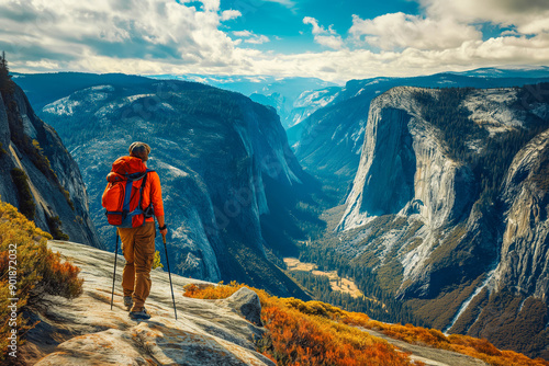 Hiker exploring the dramatic landscapes of Yosemite National Park, California.