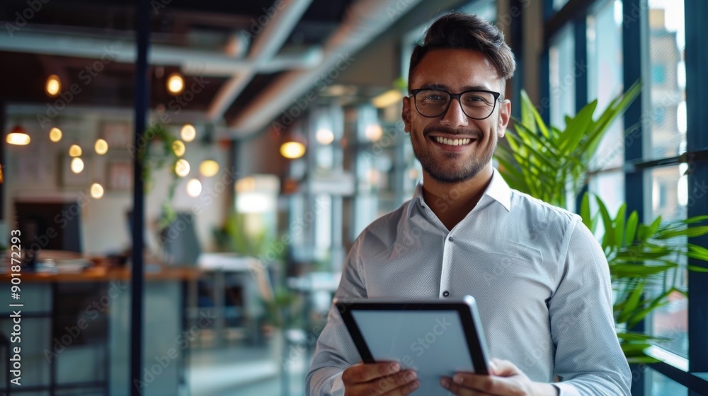 A man is smiling and holding a tablet in a room with a potted plant A man is smiling and holding a tablet in a room with a potted plant