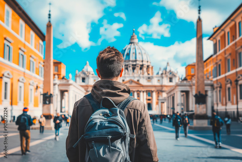 Sightseer admiring St. Peter's Basilica in Vatican City.