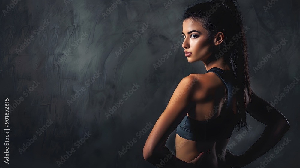 A young woman in athletic wear stands with her back to the camera, looking over her shoulder. A young woman in athletic wear stands with her back to the camera, looking over her shoulder.