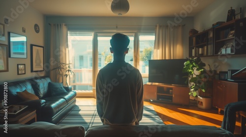 Young woman from behind in a modern American living room, dramatic light, cinematic style.