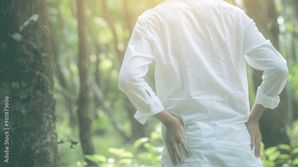 Fototapeta premium A person in a white shirt stands in a lush green forest.