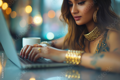 Focused woman in traditional jewelry working on laptop. Emphasizing concentration on work in a modern yet culturally rich environment. For business, cultural diversity, and worklife balance themes photo