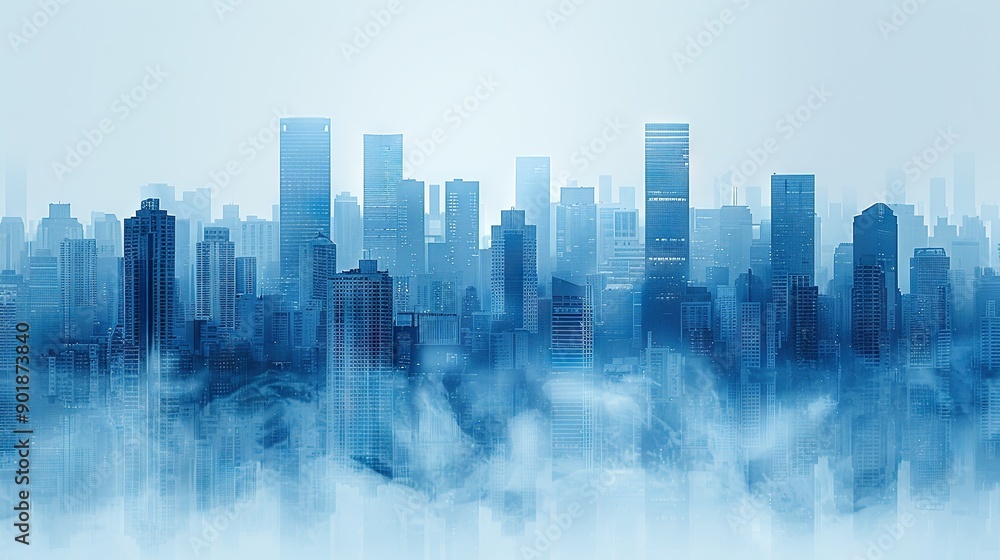 A blue cityscape with skyscrapers and clouds in the foreground, and a foggy sky in the background A blue cityscape with skyscrapers and clouds in the foreground, and a foggy sky in the background