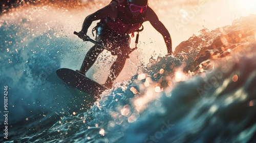 Water extreme sport. The guy is flying at the aquatic flyboard. A lot of water pressure photo