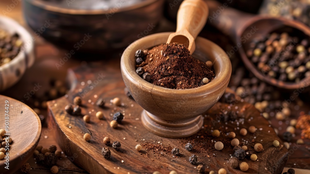 Wooden mortar with ground spices on a rustic table Wooden mortar with ground spices on a rustic table