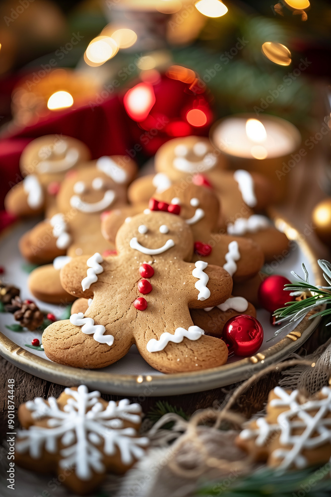 Christmas decorated sweet delicious freshly baked gingerbread men cookies served on laid table, traditional recipe background. Christmas decorated sweet delicious freshly baked gingerbread men cookies served on laid table, traditional recipe background.