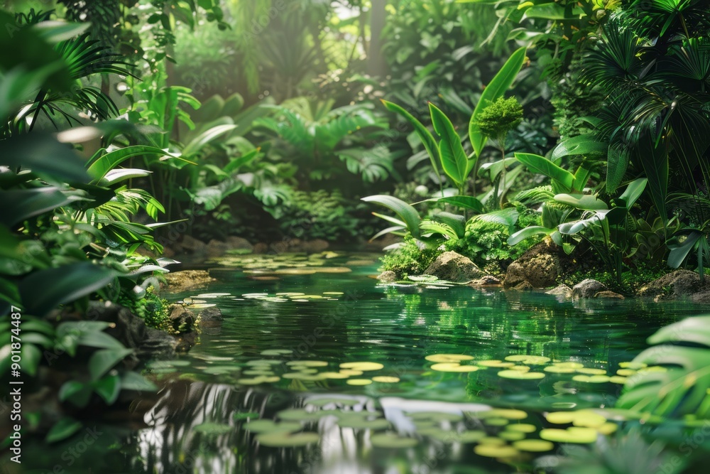 Side profile shot showcasing a 3D-rendered pond surrounded by dense foliage of a pristine jungle Side profile shot showcasing a 3D-rendered pond surrounded by dense foliage of a pristine jungle