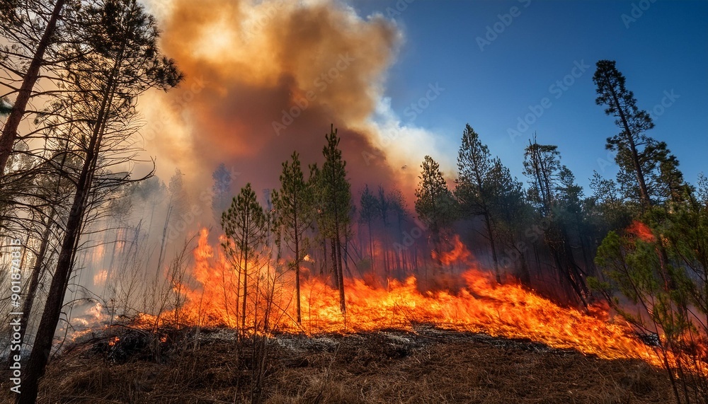 Fototapeta premium A fiery blaze engulfing a forest, highlighting the danger of wildfires.
