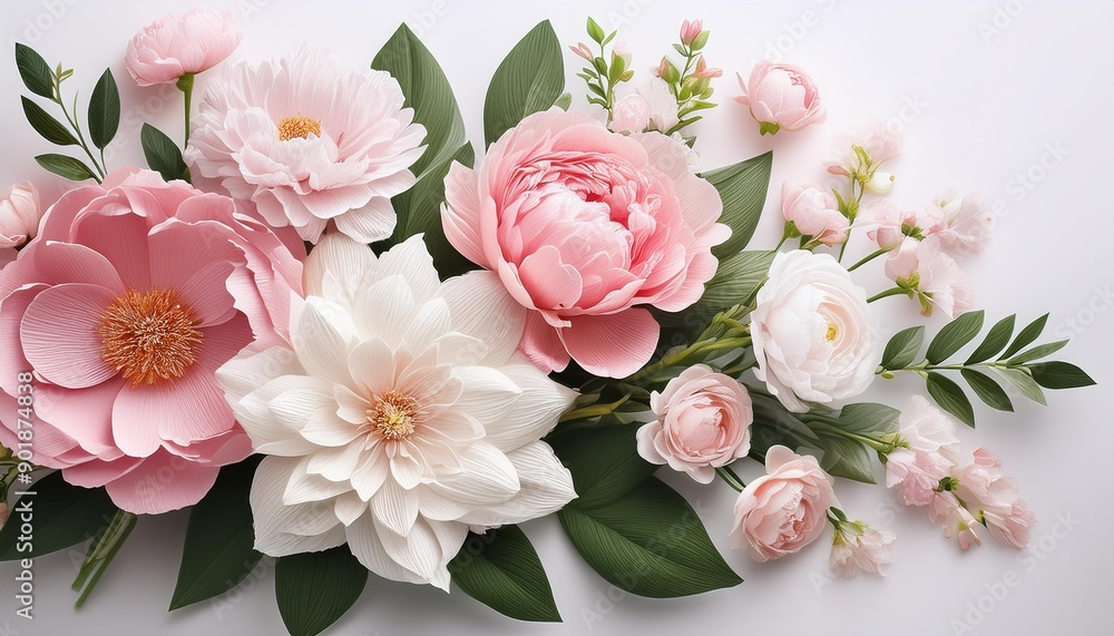 A delicate bouquet of pink and white flowers with green leaves, perfect for floral designs and backgrounds. A delicate bouquet of pink and white flowers with green leaves, perfect for floral designs and backgrounds.