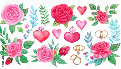 A set of watercolor floral elements. Pink and red roses, green leaves, branches, hearts and rings.