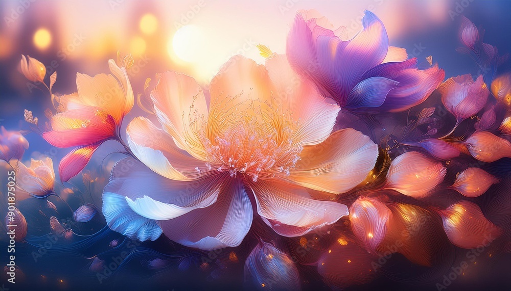 An ethereal floral dreamscape, where delicate petals unfurl in a symphony of colors An ethereal floral dreamscape, where delicate petals unfurl in a symphony of colors