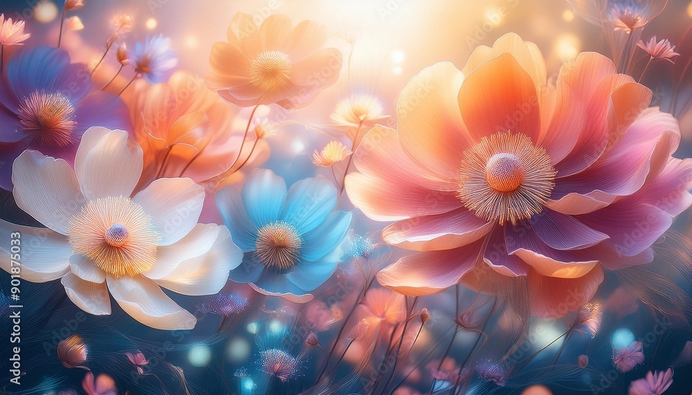 Fototapeta premium An ethereal floral dreamscape, where delicate petals unfurl in a symphony of colors