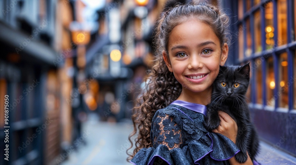 Fototapeta premium Girl with cat. Latin child with black kitten. Kid in Halloween costume. Fun trick treat fall background. Autumn banner with pet love. Sweet african witch girl holding little cat. Outdoor fall street