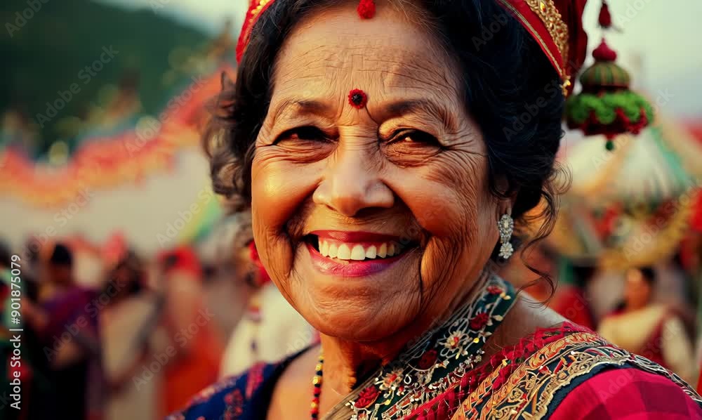 Close up portrait of smiling Indian senior woman with traditional clothing and headscarf Close up portrait of smiling Indian senior woman with traditional clothing and headscarf