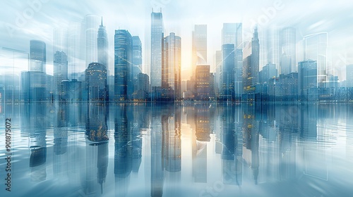  A city skyline reflects on a lake's calm surface, showcasing towering skyscrapers