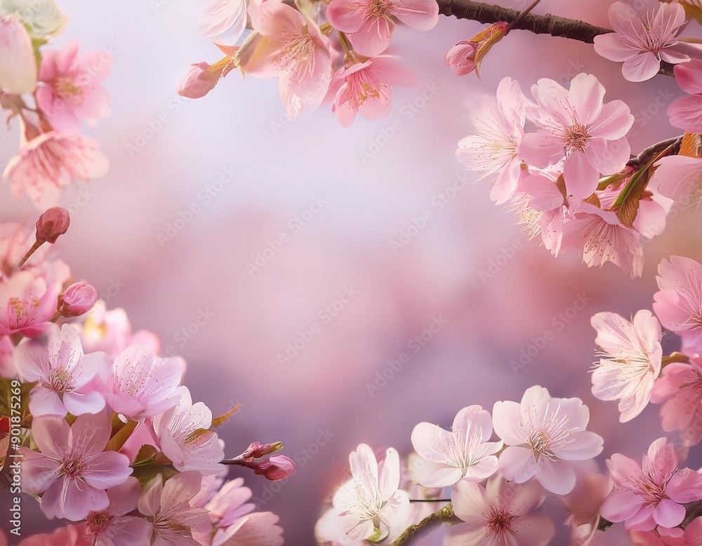 Obraz premium Beautiful pink cherry blossoms framing a soft pastel background. Perfect for spring-themed designs, greeting cards, and nature-related projects.