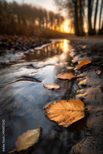 Autumn Leaves in a Stream at Sunset