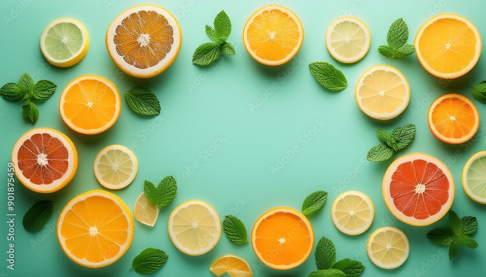 Citrus slices and mint herbs frame on retro mint pastel background with copyspace from above Top view of lemon and orange refreshment Summer fruit smoothie minimal banner design Citrus slices and mint herbs frame on retro mint pastel background with copyspace from above Top view of lemon and orange refreshment Summer fruit smoothie minimal banner design