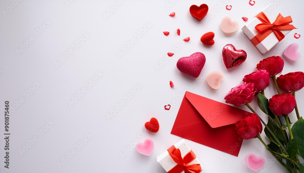 classic valentine's day background with hearts,envelope, flowers and gifts on white background. copy space. top view classic valentine's day background with hearts,envelope, flowers and gifts on white background. copy space. top view