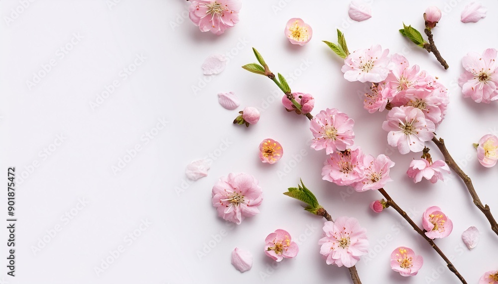 Cherry blossom Creative pattern with sakura spring flowers isolated on white background Springtime composition Holiday concept Flat lay top view floral design Cherry blossom Creative pattern with sakura spring flowers isolated on white background Springtime composition Holiday concept Flat lay top view floral design