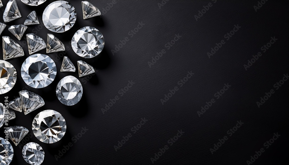 Close up layout of different cut diamonds top view on black background with copy space Close up layout of different cut diamonds top view on black background with copy space