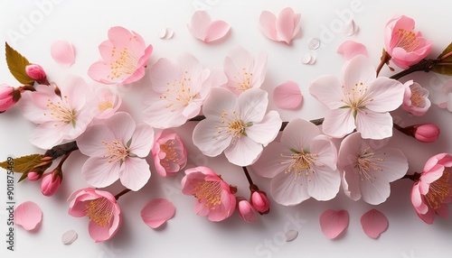 Cherry blossom Pink sakura spring flowers and white cherry petals isolated on white background Springtime concept Creative banner Flat lay top view Floral design element © Abele