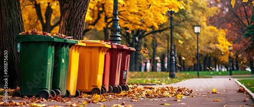 Colorful Recycling Bins in Autumn Park photo