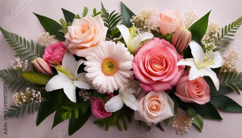 Elegant floral arrangement featuring roses, lilies, and daisies with green foliage. Perfect for wedding invitations and romantic designs.