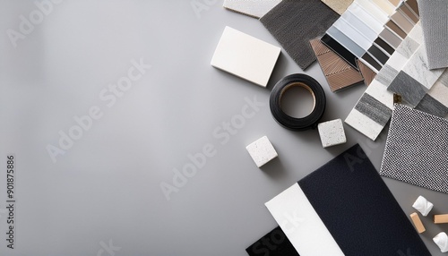 Elegant flat lay composition in grey and black color palette with textile and paint samples lamella panels and tiles Architect and interior designer moodboard Top view Copy space