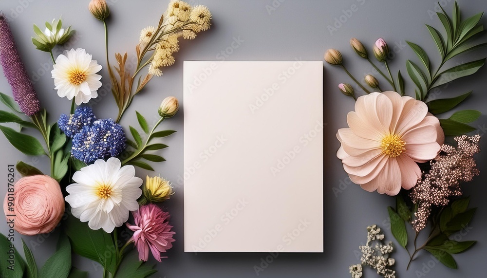 Flat lay top view photo Mockup on a grey background with gentle flowers and plants Cute feminine mockup Blog header image Blank space Flat lay top view photo Mockup on a grey background with gentle flowers and plants Cute feminine mockup Blog header image Blank space