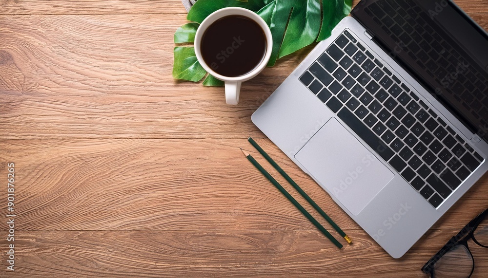 custom made wallpaper toronto digitalFlat lay top view office table desk Workspace with laptopoffice supplies pencil green leaf and coffee cup on wood background