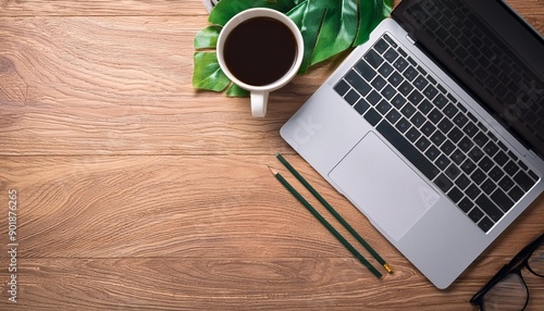 Wallpaper Mural Flat lay top view office table desk Workspace with laptopoffice supplies pencil green leaf and coffee cup on wood background Torontodigital.ca