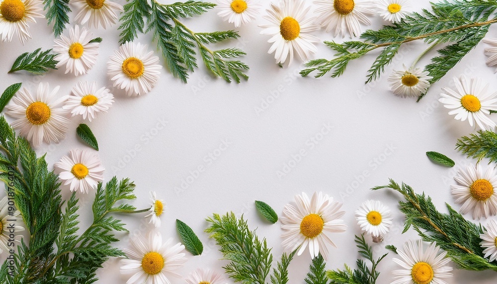 Fototapeta premium floral frame with chamomile flower and green branches Flat lay top view