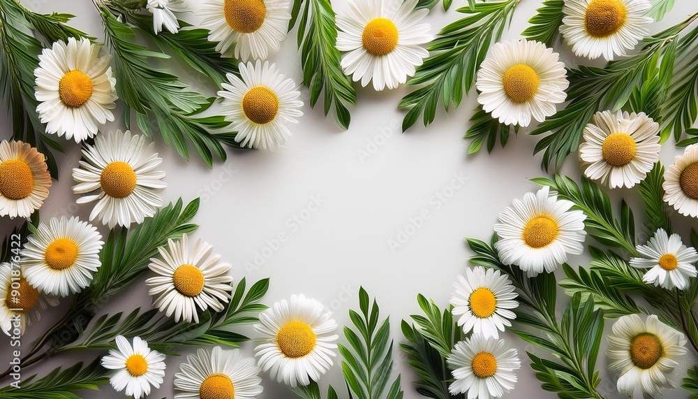 Fototapeta premium floral frame with chamomile flower and green branches Flat lay top view