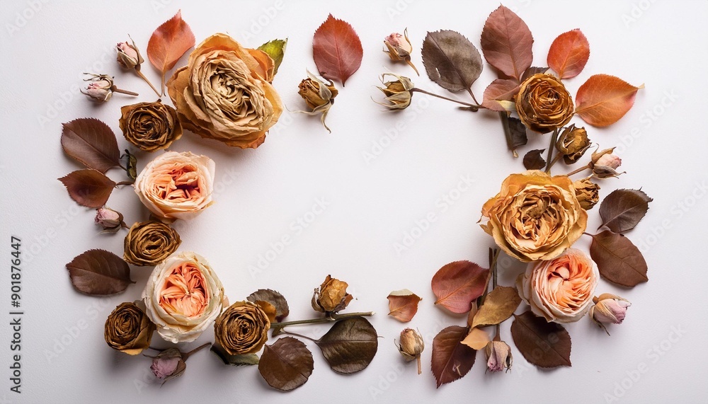 Flowers composition Frame made of dried rose flowers on white background Flat lay top view copy space Flowers composition Frame made of dried rose flowers on white background Flat lay top view copy space