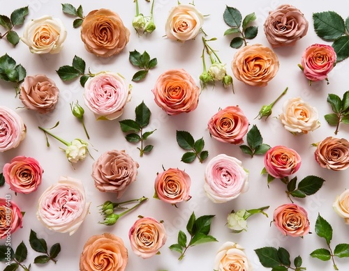 Floral pattern made of pink and beige roses green leaves branches on white background Flat lay top view Valentines background Floral pattern Pattern of flowers Flowers pattern texture