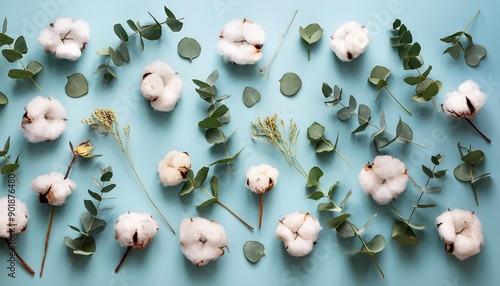 Flowers composition Pattern made of cotton flowers and eucalyptus branches on pastel blue background Flat lay top view square